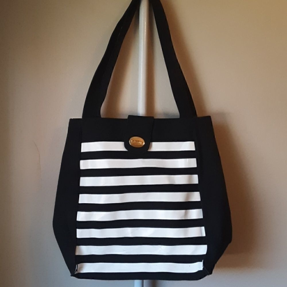 LANCOME BLACK AND WHITE STRIPED CANVAS TOTE